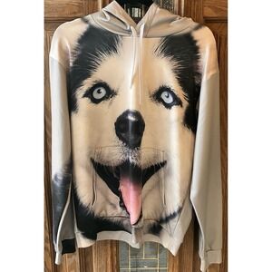 Women's Pull over‎ Hooded Siberian Husky Dog Sweatshirt Size Large Gray Lifelike